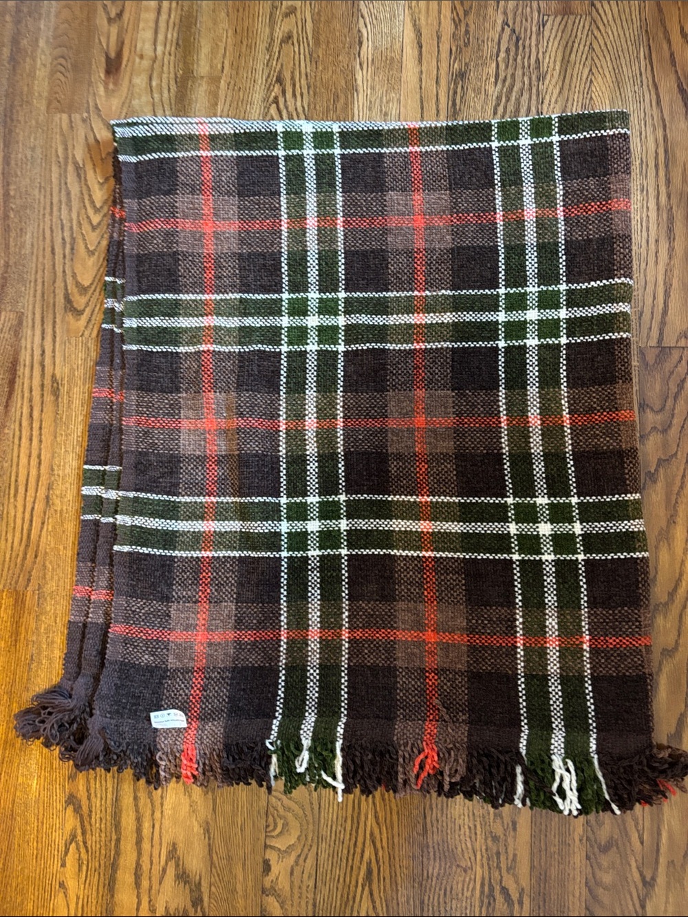 Brown Plaid Fringe Throw with white Red and Green Accents